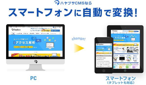 ハヤブサCMSなら スマートフォンに自動で変換!